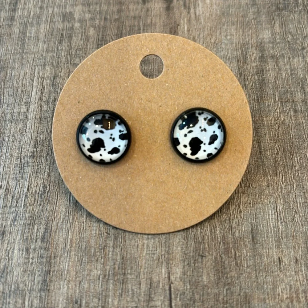 Homemade Earrings - 12mm diameter circle -‎ post style - animal print - cow